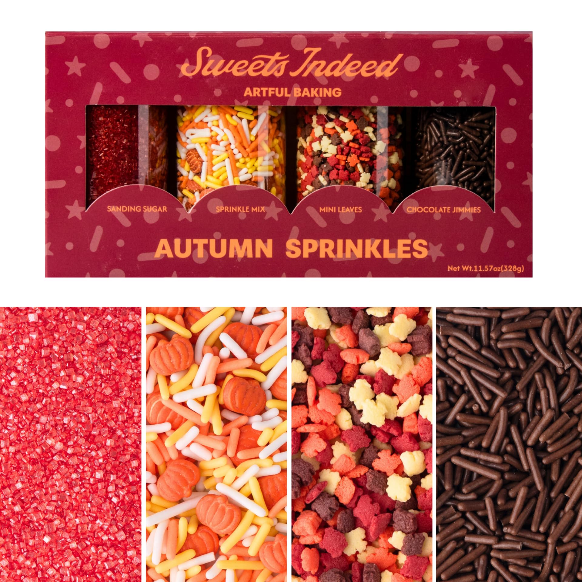Sweets Indeed Fall Sprinkles 4 Pack, Pumpkin & Leaf Shapes, 11.57 ounces