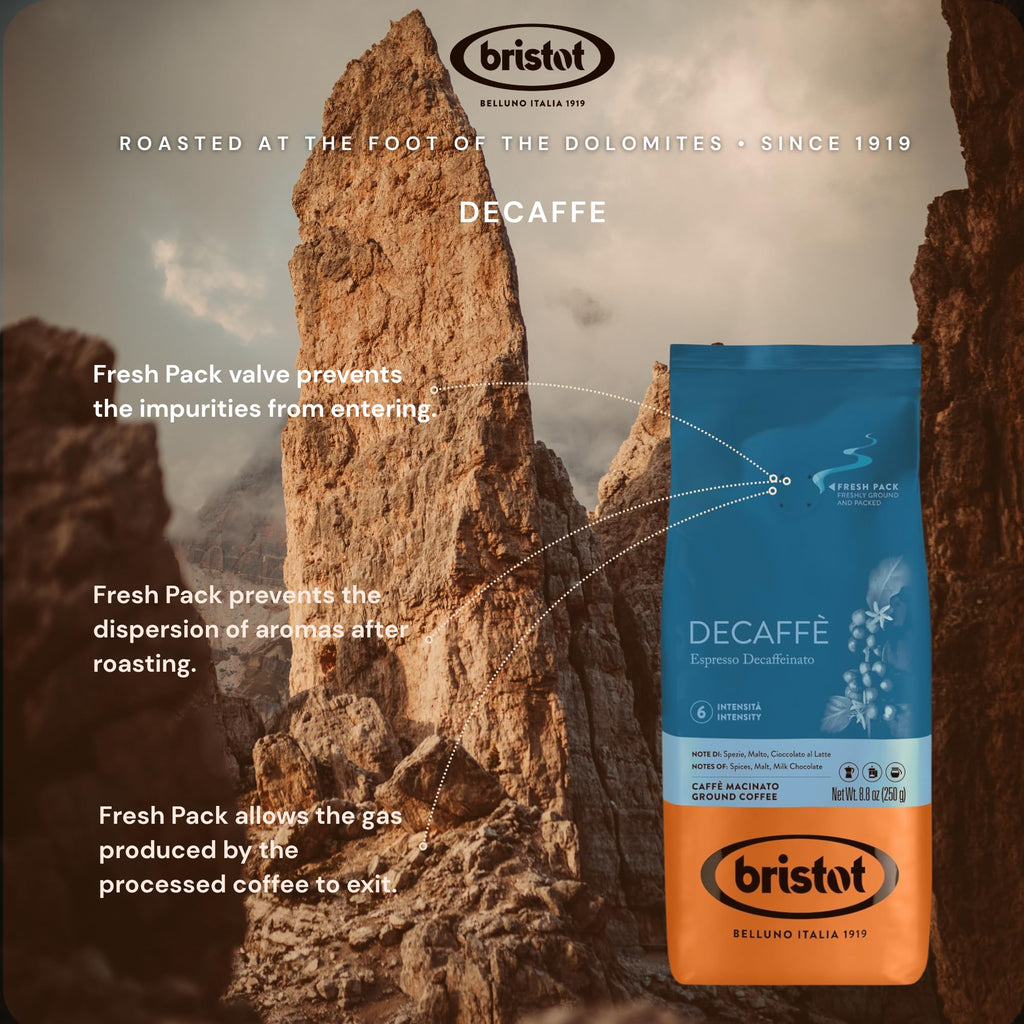 Bristot Decaf Ground Espresso – Medium Roast Italian Coffee – Smooth & Bold Flavor – For Moka, French Press and Filter - 8.8 oz (250g)