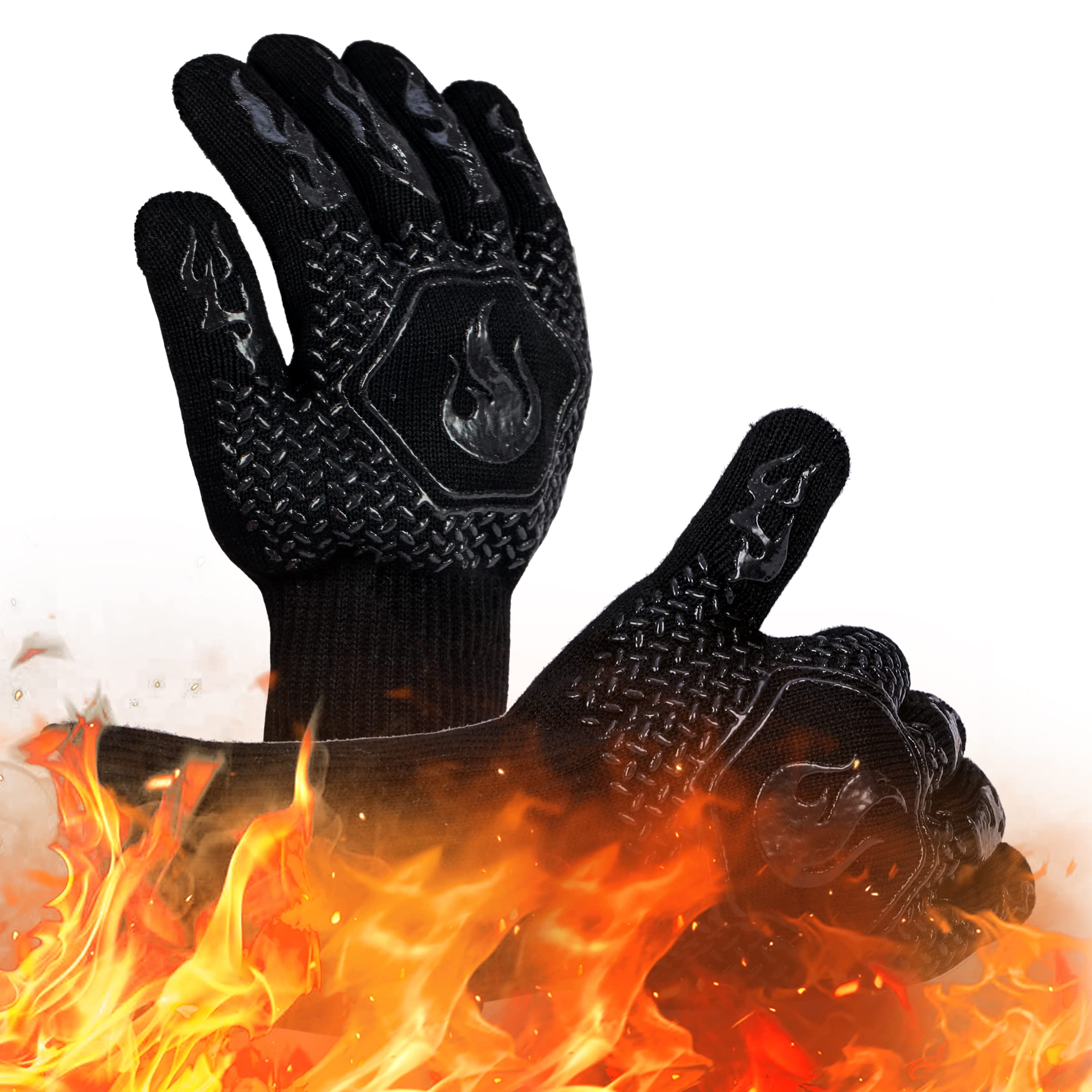 BBQ Gloves 1472F Heat Resistant Non-Slip Silicone 13.5in (Black)