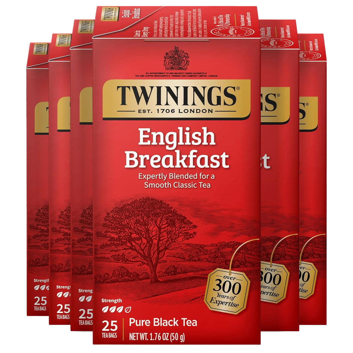 Twinings Decaffeinated English Breakfast Black Tea Individually Wrapped Bags, 25 Count (Pack of 6), Flavourful, Robust, Enjoy Hot or Iced, 150 Teabags