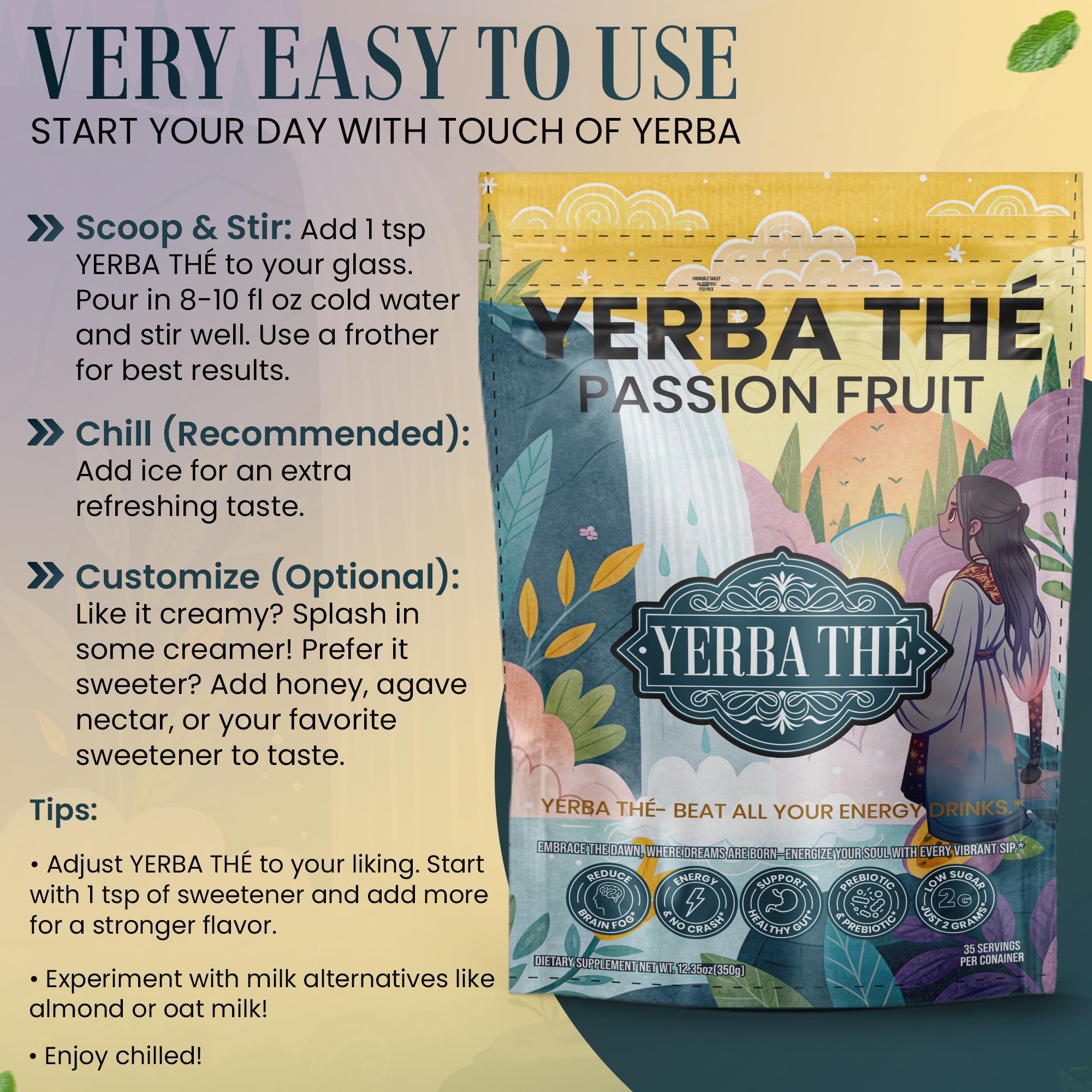Yerba Mate Powder - Clean Energy & Focus - Organic Yerba Mate Tea 350g - Supports Gut Health with Probiotics & Prebiotics, Brain Fog Relief, Focus & Relaxation - Passion Fruit Flavor, 35 Servings