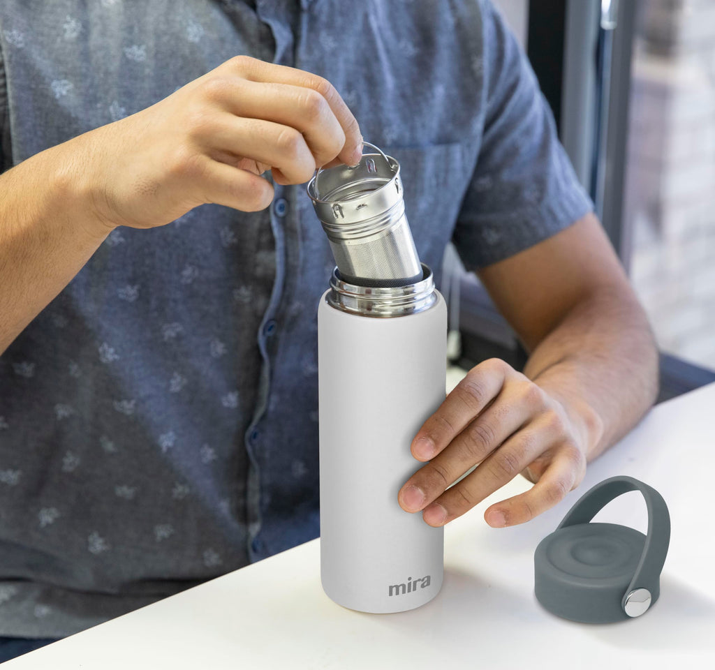 MIRA 18 oz Tea Infuser Thermo - Stainless Steel Travel Bottle with Removable Strainer for Loose Leaf Tea - Insulated Hot & Cold Brew Steeper - White