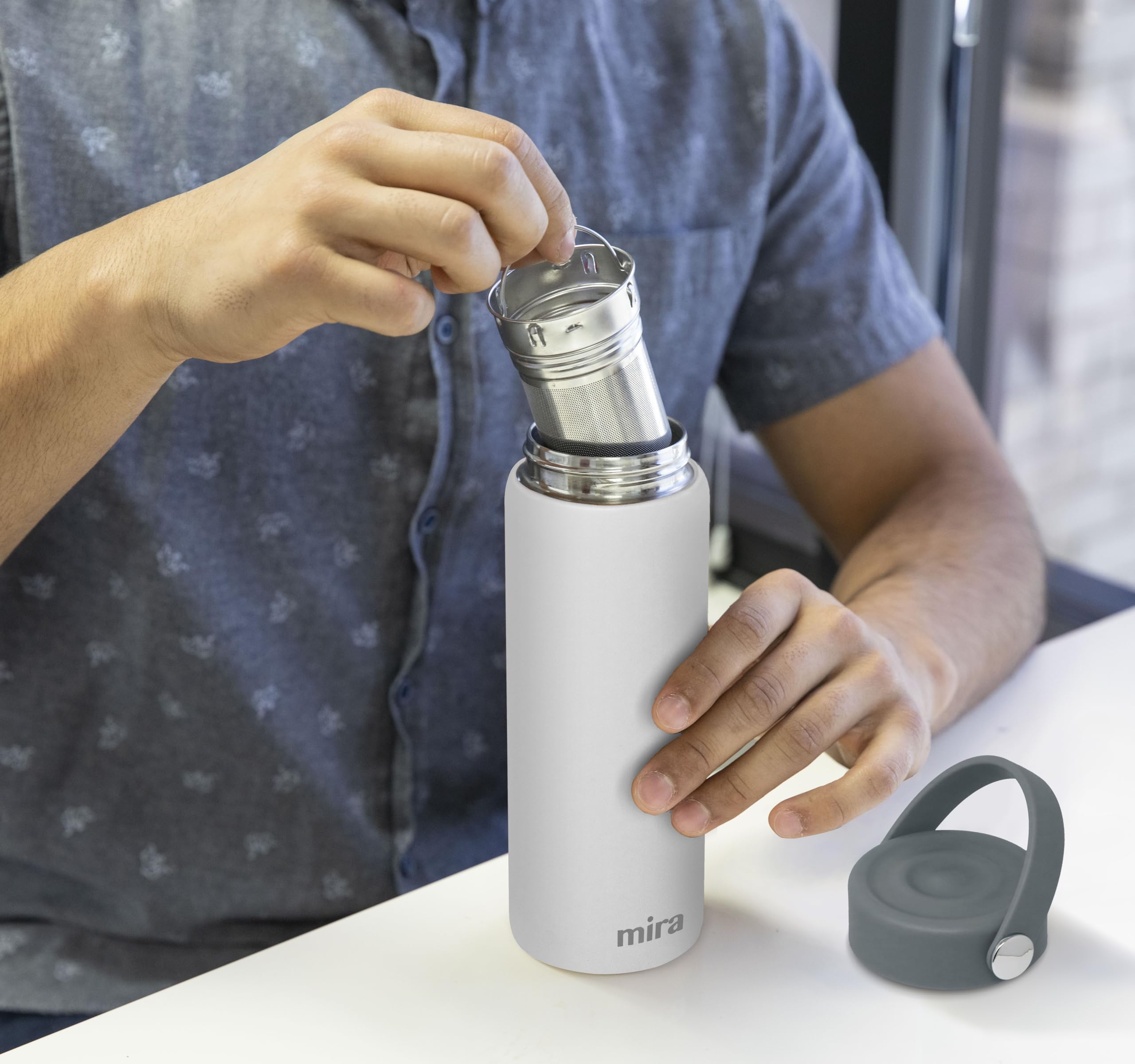 MIRA 18 oz Tea Infuser Thermo - Stainless Steel Travel Bottle with Removable Strainer for Loose Leaf Tea - Insulated Hot & Cold Brew Steeper - White