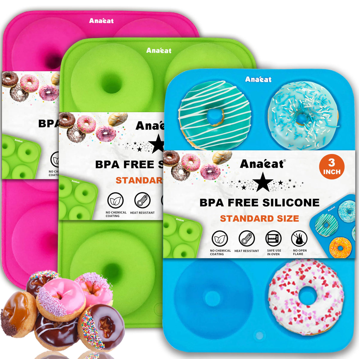 Anaeat Full Size Donut Baking Pans 3 Pack, Big Size 4 Inch Silicone Baking Mold, Just Pop Out! Non Stick 6-Cavity Doughnut Trays for Bagels Donuts Cake Biscuit - BPA Free & Dishwasher Safe (3 colors)
