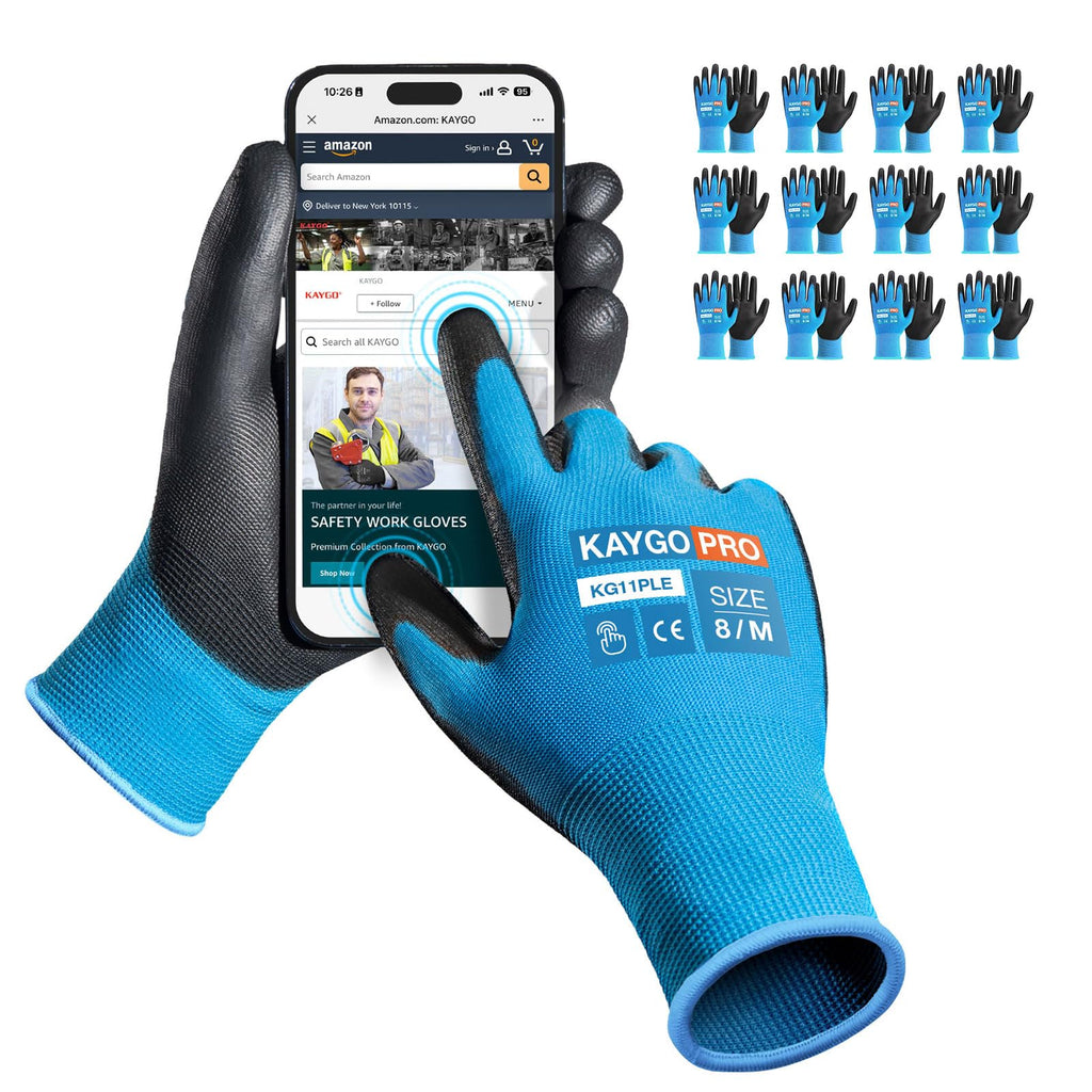 KAYGO Safety Work Gloves, PU Coated, 2-Finger Touchscreen, KG11P