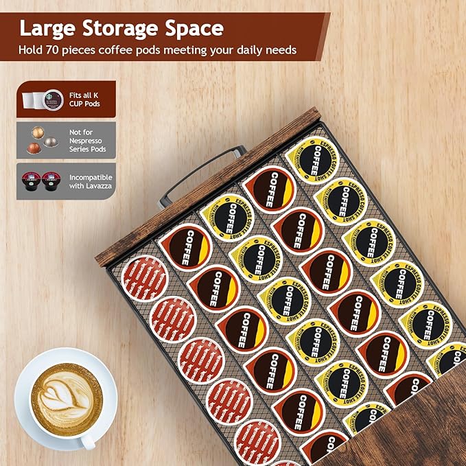 K Cup Holder Drawer - Coffee Pod Organizer for Counter, Sturdy k cups Storage Drawer with Mug Rack, Coffee Maker Stand, 70 Capacity Pods, Home Kitchen Counter Organizer, Rustic Brown