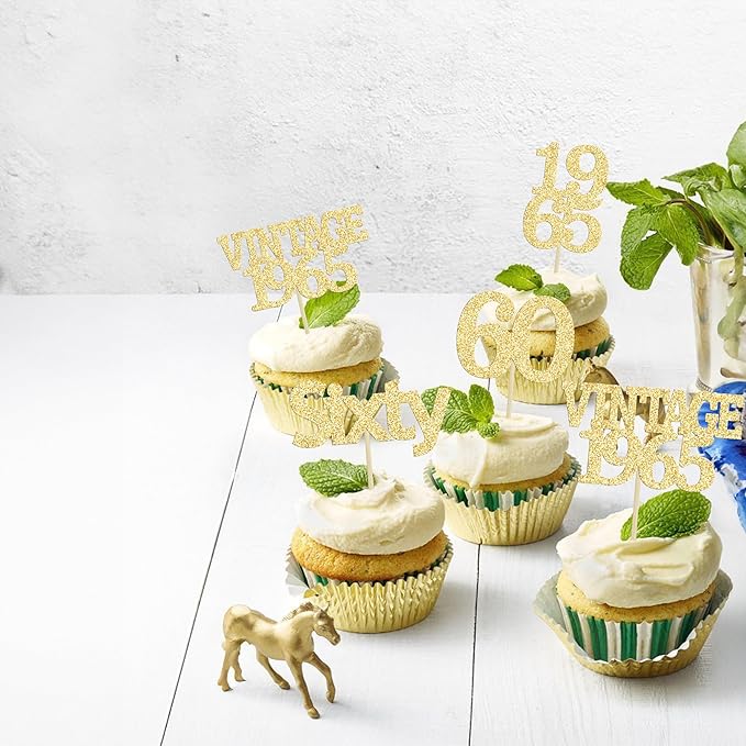 Gyufise 24Pcs 60th Birthday Cupcake Toppers Cheers to 60 Fabulous Sixty Cupcake Picks Vintage 1965 Decorations for 60th Birthday Wedding Anniversary Party Cake Decorations Supplies Gold