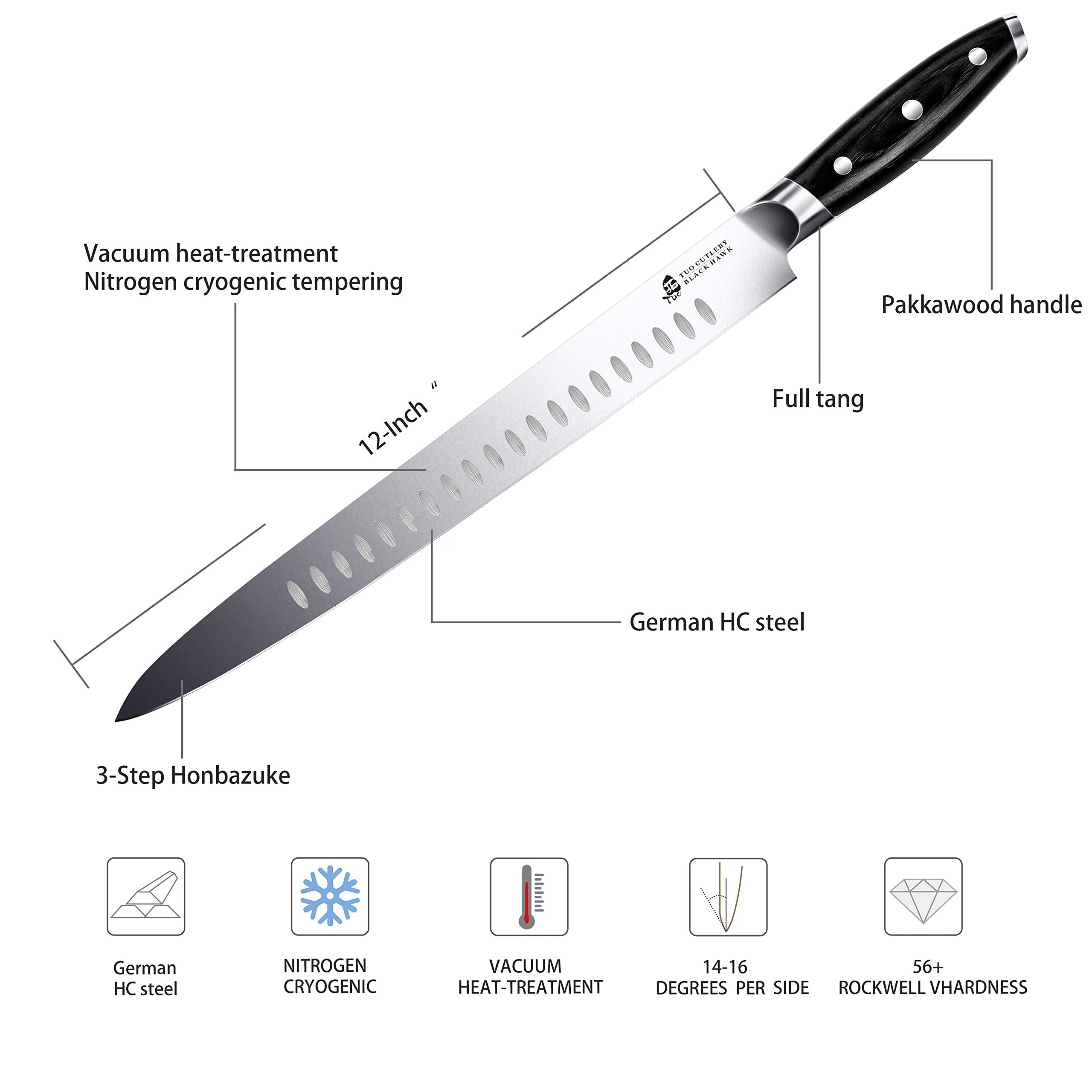 TUO Carving Knife - 12 Inch Brisket Slicing Knife for Grilled Meat and Bacon - High Carbon German Steel - Pakkawood Handle with Gift Box - BLACK HAWK SERIES