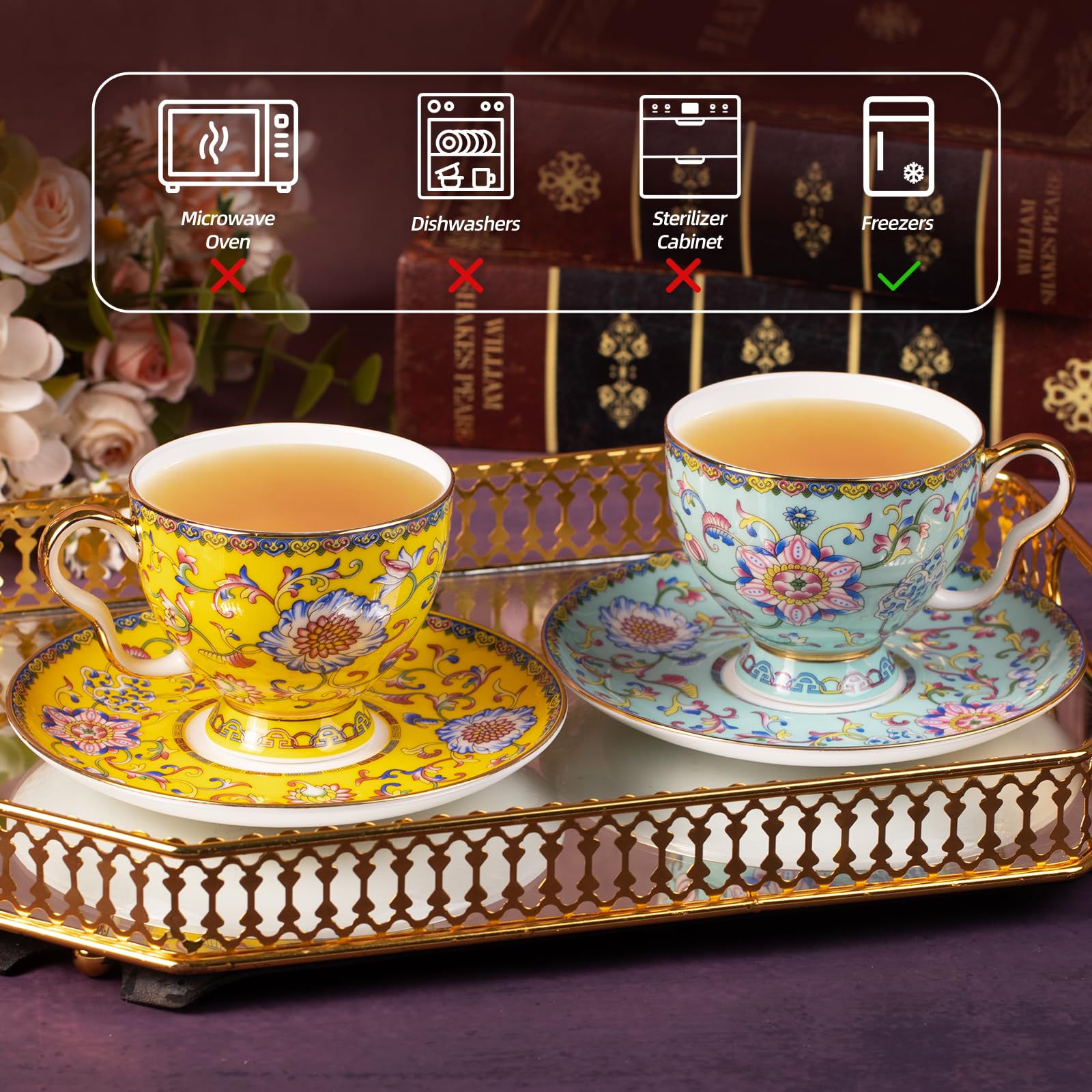 KAMMAK Tea Cup and Saucer, Ceramic Coffee Cups, 7.4 oz, Set of 2