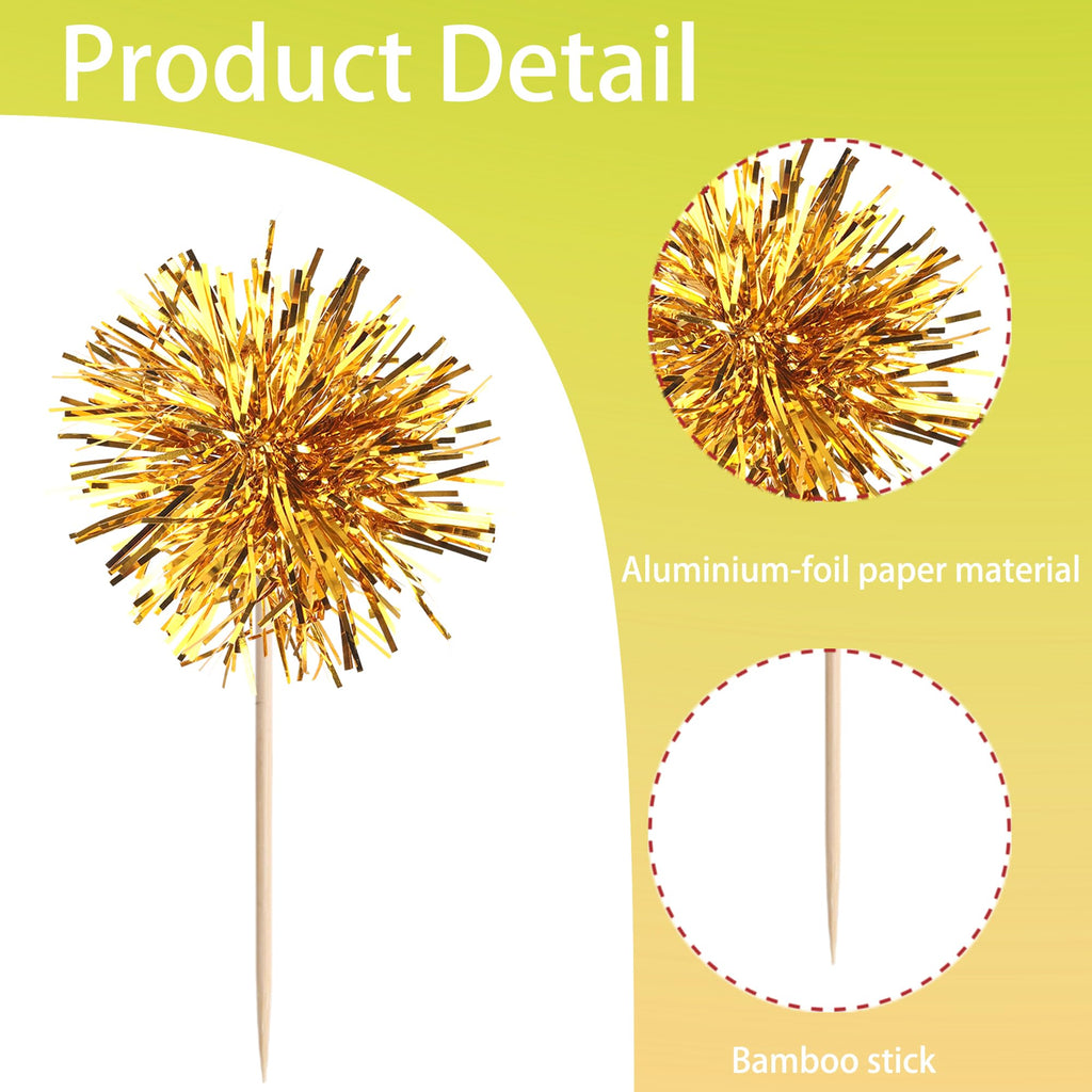 40 PCS Foil Firework Cupcake Toppers Fireworks Cupcake Picks Sparkle Tinsel Cake Decorations Cocktail Fruit Toothpick for Firework Theme Birthday Wedding Graduation Party Decorations Supplies Gold