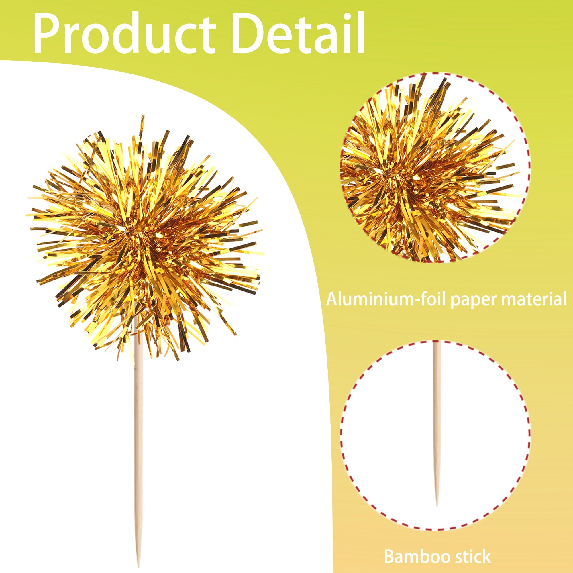 40 PCS Foil Firework Cupcake Toppers Fireworks Cupcake Picks Sparkle Tinsel Cake Decorations Cocktail Fruit Toothpick for Firework Theme Birthday Wedding Graduation Party Decorations Supplies Gold