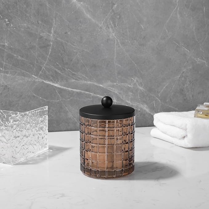 Glass Jar with Metal Lid for Bathroom Organization, Clear Apothecary Jar for Cotton Balls, Q Tips, and Small Accessories, Stylish Bathroom Storage Container Amber, Black