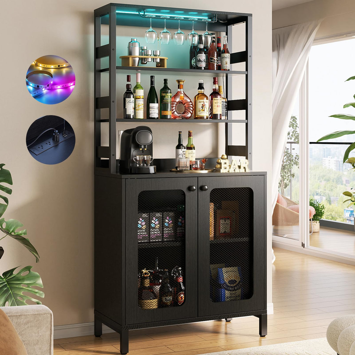 Aheaplus Bar Cabinet with Power Outlets, 67" Tall Wine Bar Liquor Cabinet