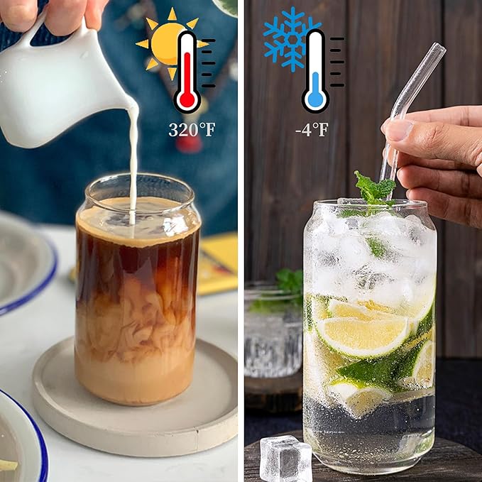 6pcs Set-16oz, Glass Cups with Bamboo Lids and Glass Straw - Beer Can Shaped,CuteTumbler Cup,Soda,deal for Cocktail,Iced Coffee Cups,6 Cleaning Brushes glass cups with lids and straws