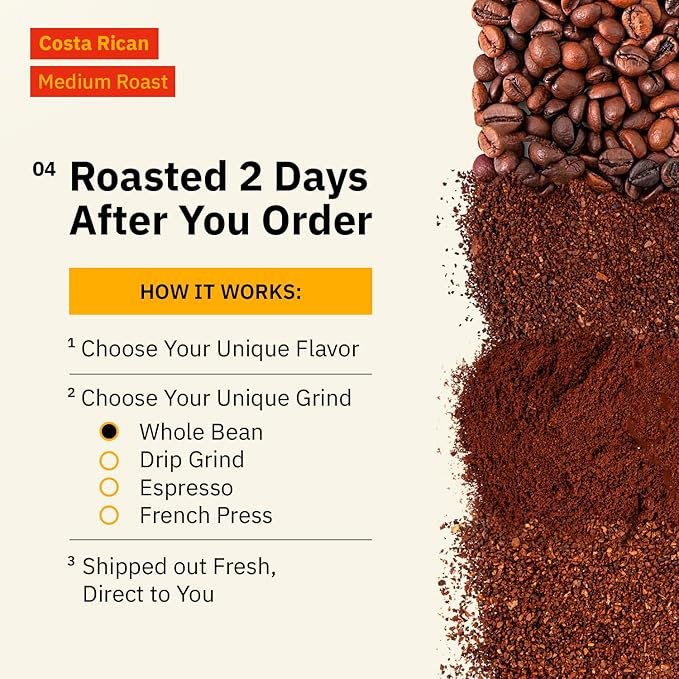 Costa Rican Whole Bean Coffee Medium Roast - 12 oz, Single Origin Arabica SpecialtyCoffee Beans, Fair Trade, Non-GMO