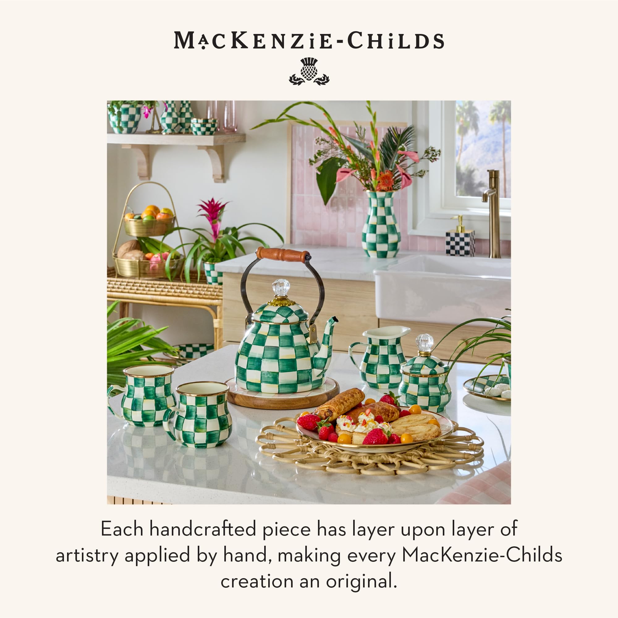 MACKENZIE-CHILDS Tea Kettle, 3 Quarts, Green-and-White Emerald Check