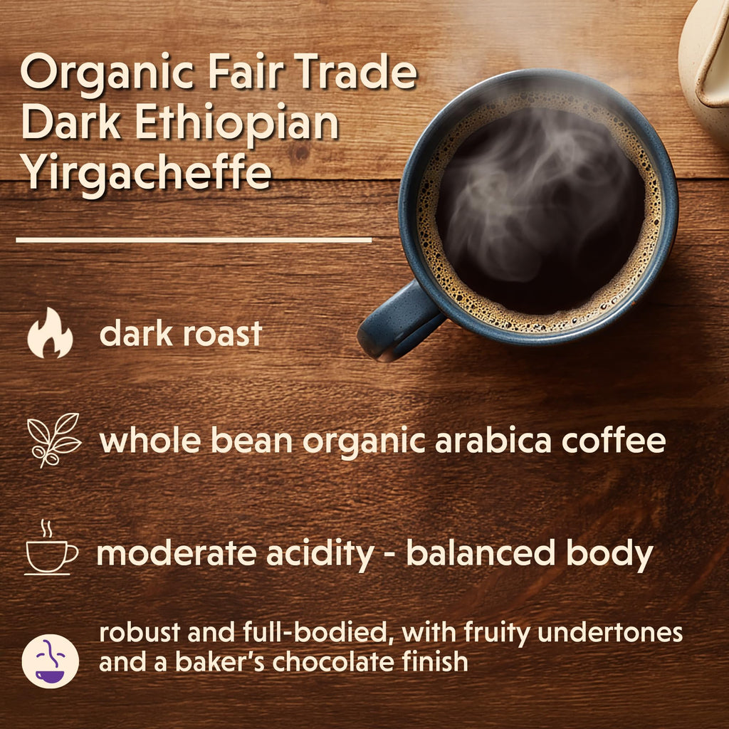 Coffee Bean Direct Organic Fair Trade Dark Ethiopian Yirgacheffe, 5lb Bag