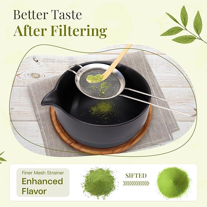 Matcha Whisk Set,includes Matcha Bowl,Matcha Whisk and Holder by Bamboo, Spout, Matcha Sifter Strainer Spoon Scoop Chasen Holder Towel- Perfect Japanese Matcha Set(8 Pcs black)