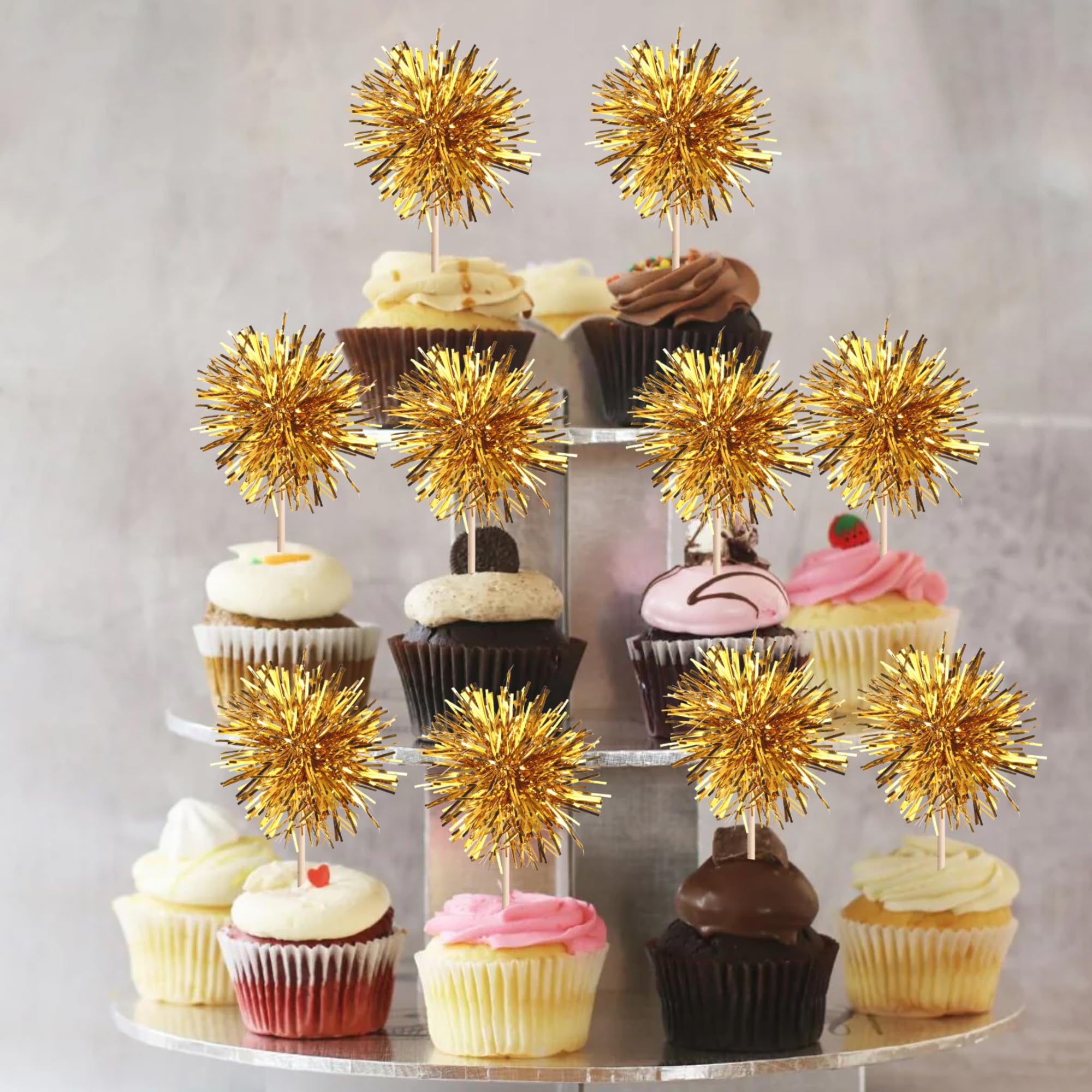 40 PCS Foil Firework Cupcake Toppers Fireworks Cupcake Picks Sparkle Tinsel Cake Decorations Cocktail Fruit Toothpick for Firework Theme Birthday Wedding Graduation Party Decorations Supplies Gold