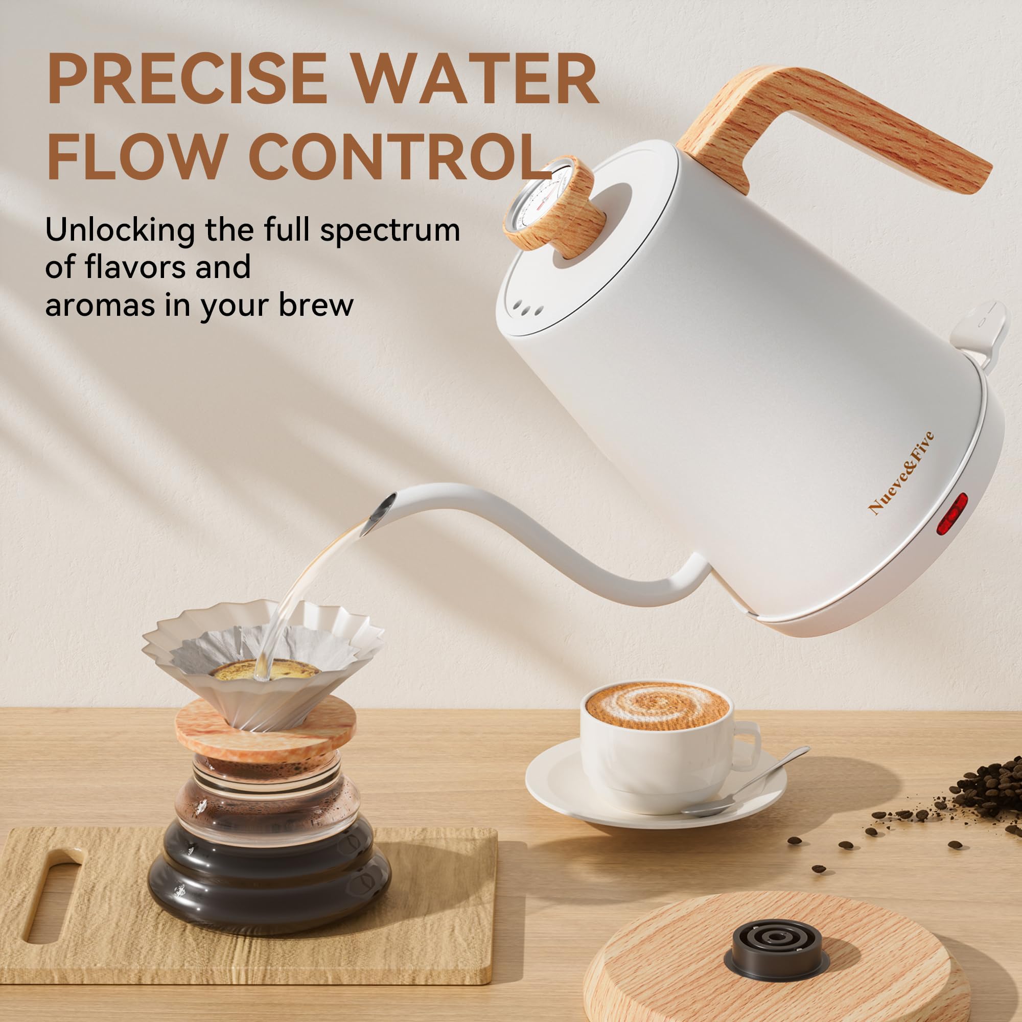 Nueve&Five Electric Gooseneck Kettle with Thermometer, 1.0L Pour Over Hot Water Kettle for Coffee and Tea, 1000W, Auto Shutoff, Boil-Dry Protection, White