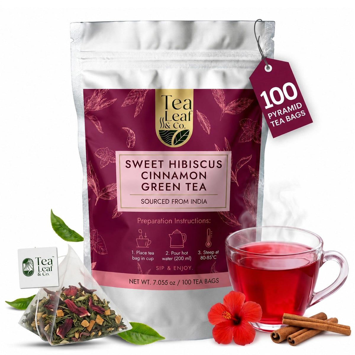 Sweet Hibiscus Cinnamon Green Tea (3.5oz), Natural Herbal Infusion, 50 Bags
