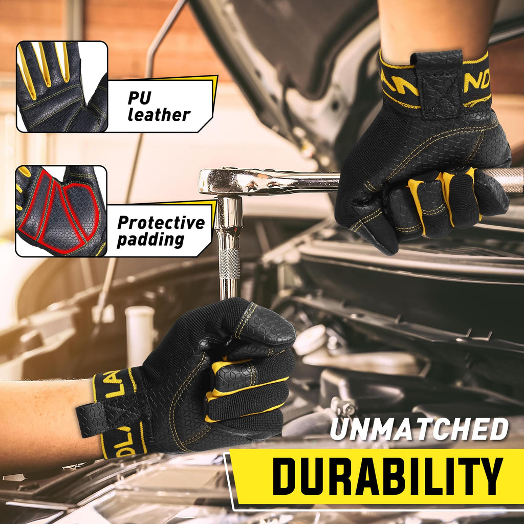 HANDLANDY Work Gloves for Men & Women, Leather Utility Mechanic Working Gloves, Flexible Breathable Gardening Gloves for Yard Maintenance (X-Large, 1 Pair)