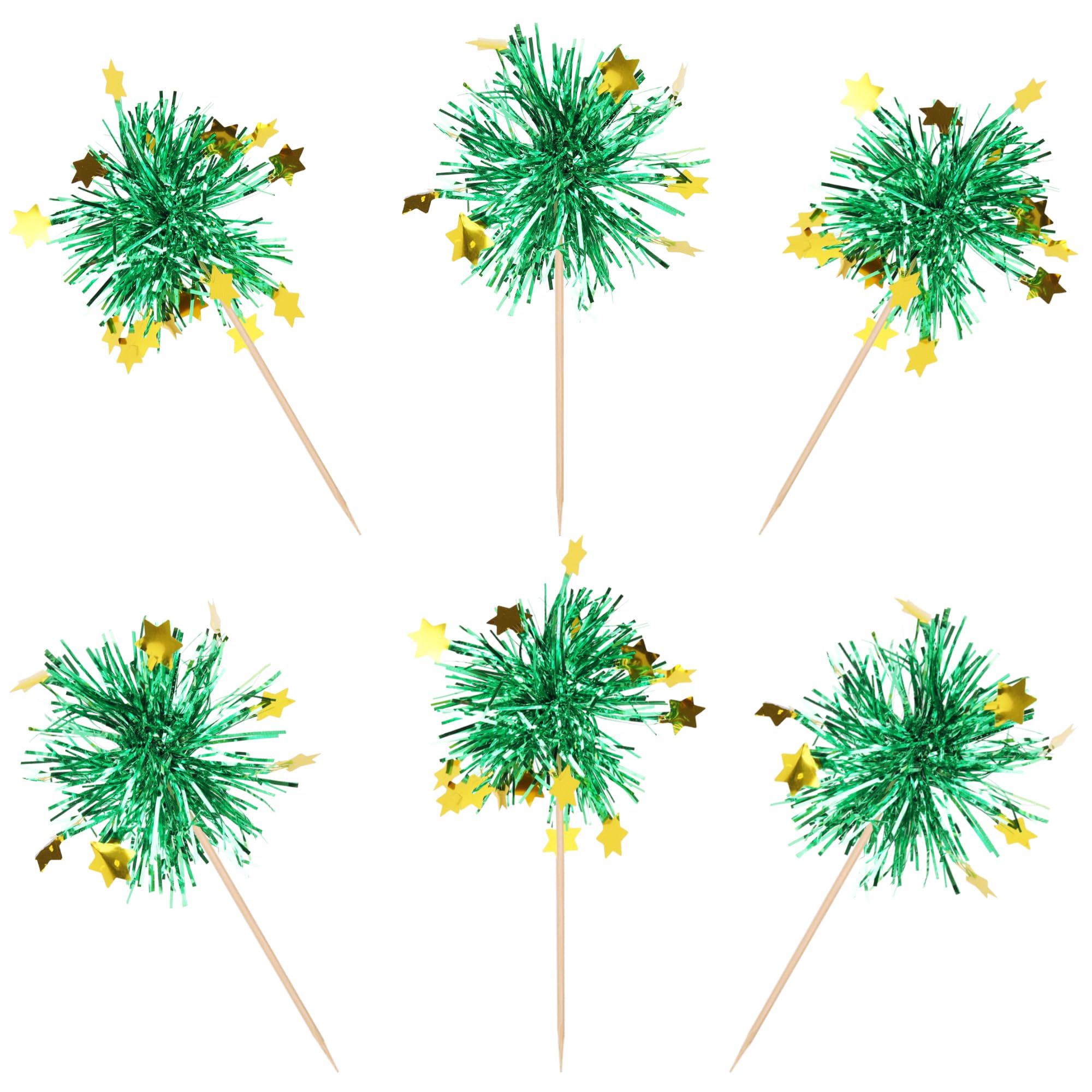 30 PCS Foil Firework Cupcake Toppers Happy Birthday Star Cupcake Picks Sparkle Tinsel Drink Stirrers Cocktail Fruit Toothpicks for Valentine's Day Wedding Birthday Party Decorations Supplies Green