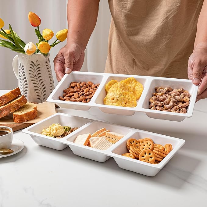 Divided Serving Tray, 14.75”x 6” Reusable 3-Section Party Platters, Condiment Serving Dishes for Entertaining, Ideal for Snacks, Appetizers, Fruit, Candy, Chip & Dip Set,White