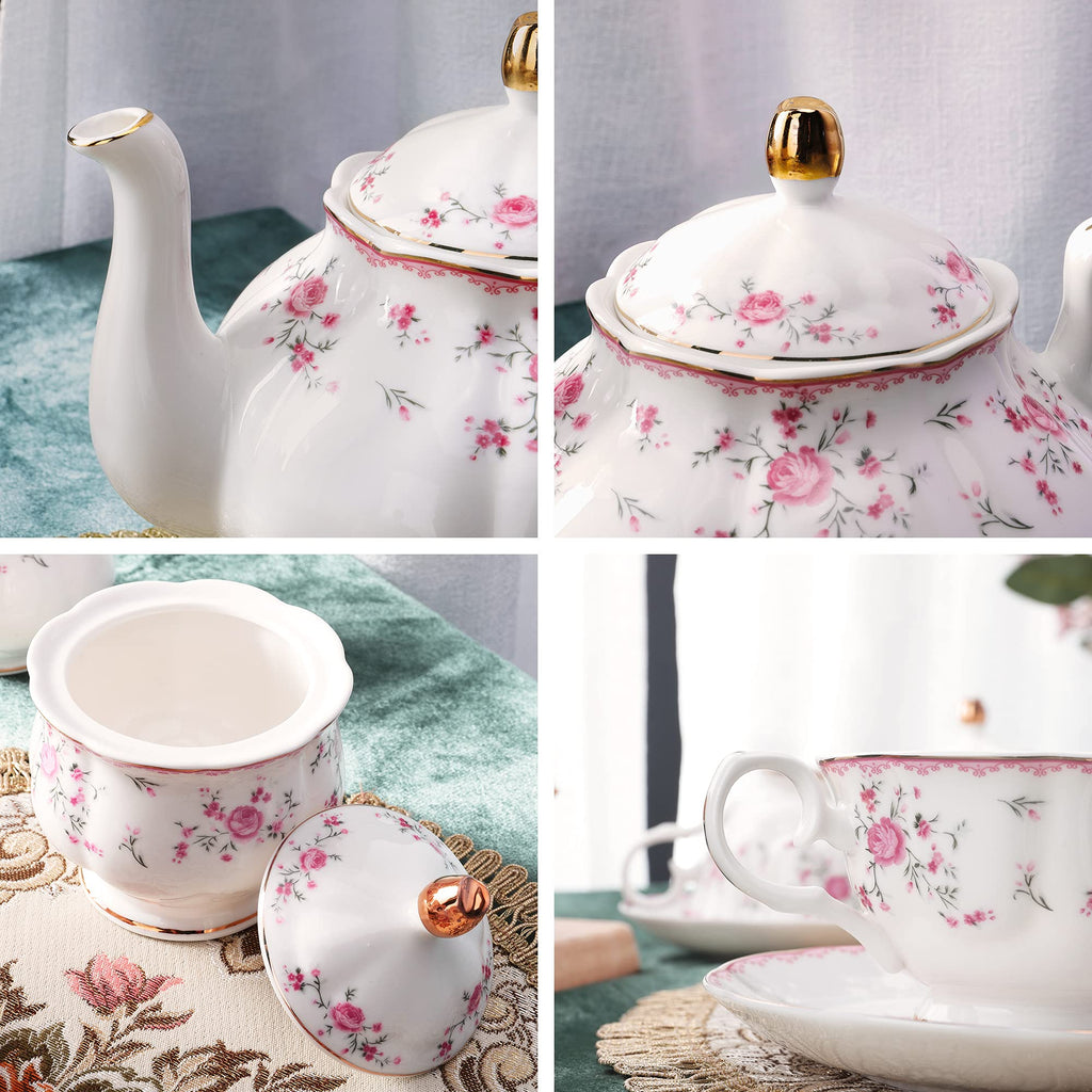 fanquare Vintage Porcelain Tea Set for Women Tea Party, Cup and Saucer Set for 6, Wedding Floral Teapot Set for Adults, Pink Rose
