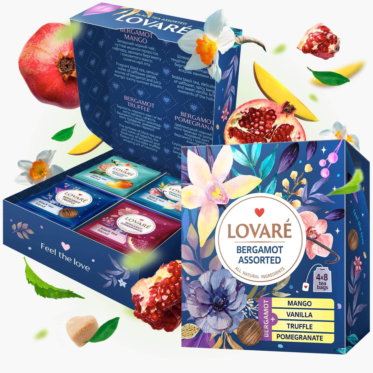 Black and Green Tea Blend Assorted Tea by Lovare Tea Sets for Tea Lovers Made in Ukraine 128 Tea Bags of Huckleberry Herbal, Fruits, Flower Petals, Aroma of Grapes, Pieces of Berries, All Natural Ingredients, in Gift Box For Blooming Tea Lovers Men &