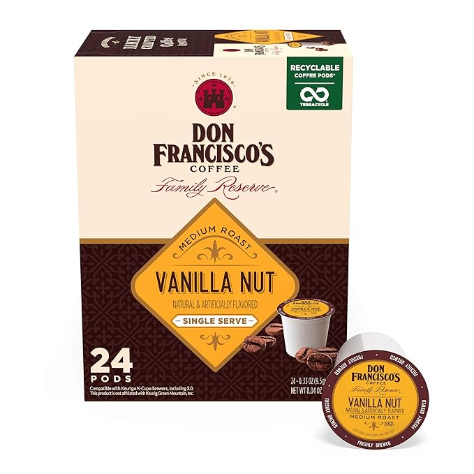 Don Francisco's Vanilla Nut Flavored Coffee - 24 K-Cup Compatible Single-Serve Pods - 100% Arabica, Smooth, Rich Flavor and Nutty Notes - Compatible with Keurig Brewers