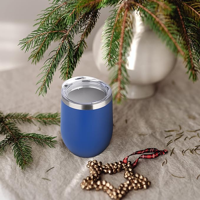 DOMICARE Stainless Steel Wine Tumbler Bulk with Lid, Personalized Insulated Tumblers Set, 12oz Travel Coffee Cups Pack of 4, Dark Blue