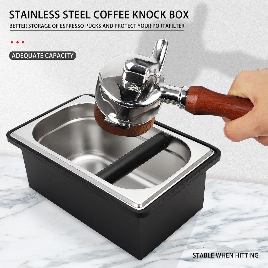 DIBTSA Espresso Knock Box,Stainless Steel Coffee Pucks Container, with Steel Holder and Noise Reduction Rubber Ring (10.94 x 6.88 x 4.25 inch)