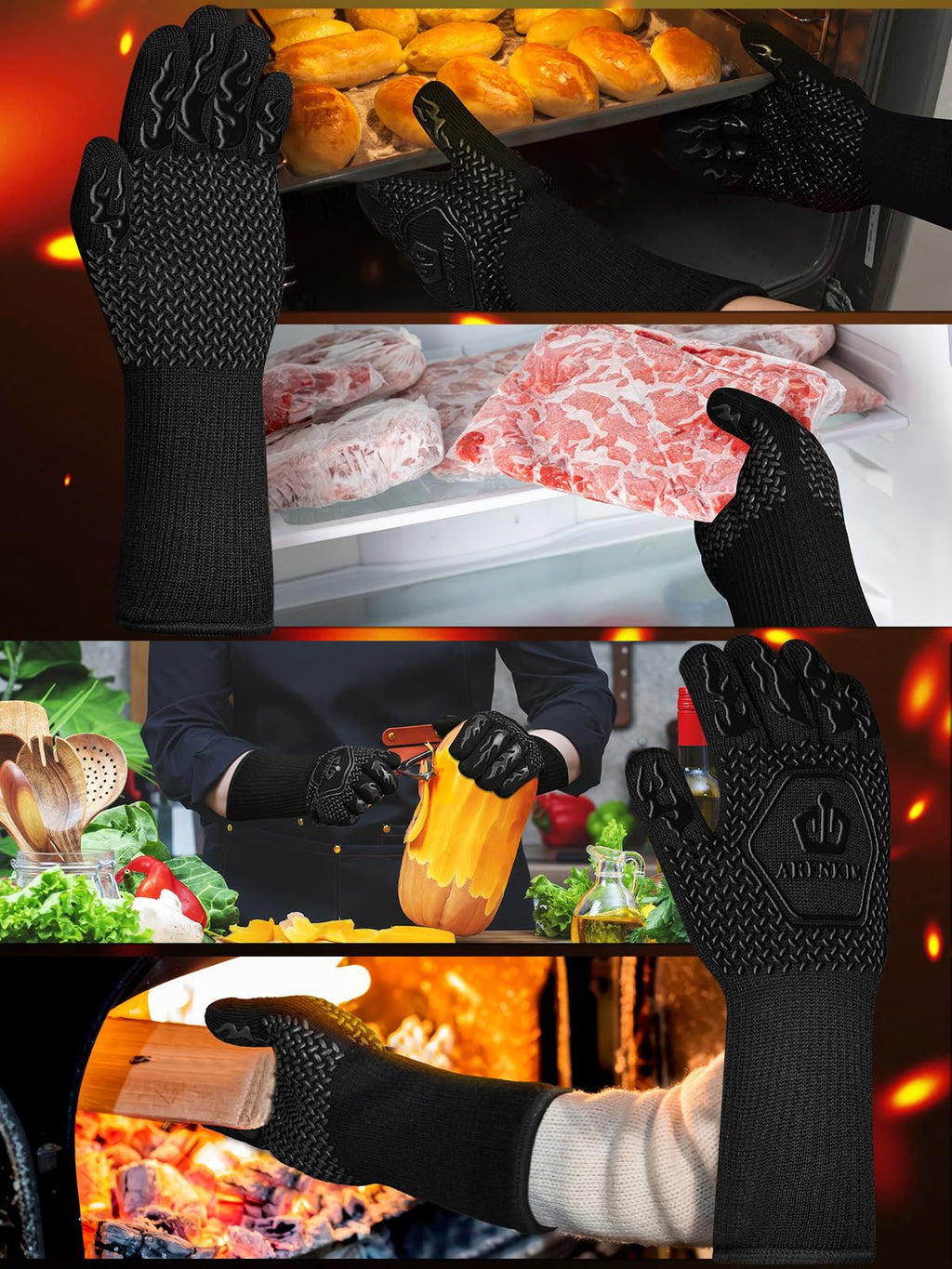 ARFNKIM BBQ Oven Gloves 1472℉ Heat Resistant Oven Mitts Silicone Non-Slip Cooking Gloves for Barbecue, Grilling, Baking, Welding, Smoker (A Pair) (Black)