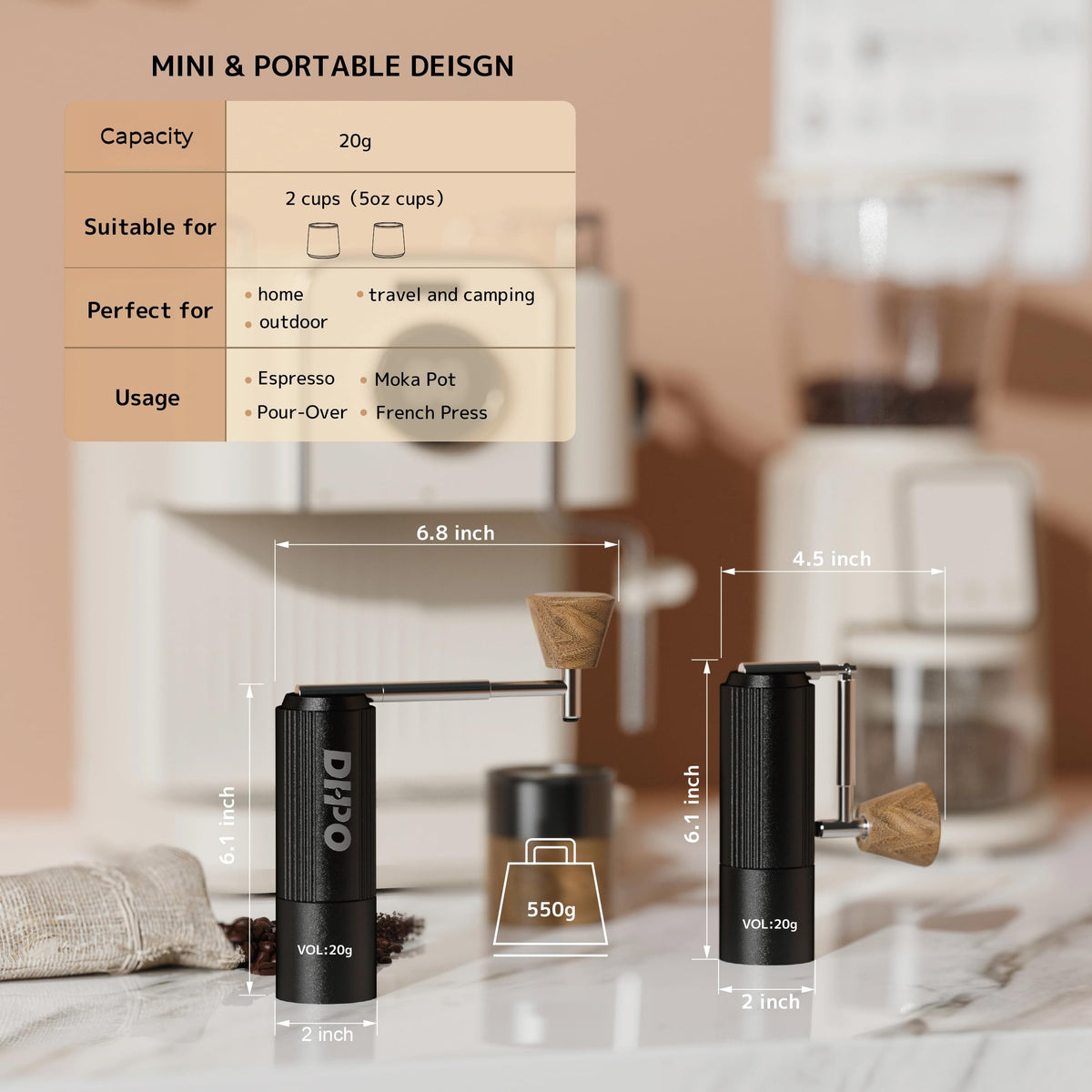 DHPO Manual Coffee Grinder, with Precision Stainless Steel Conical Burr