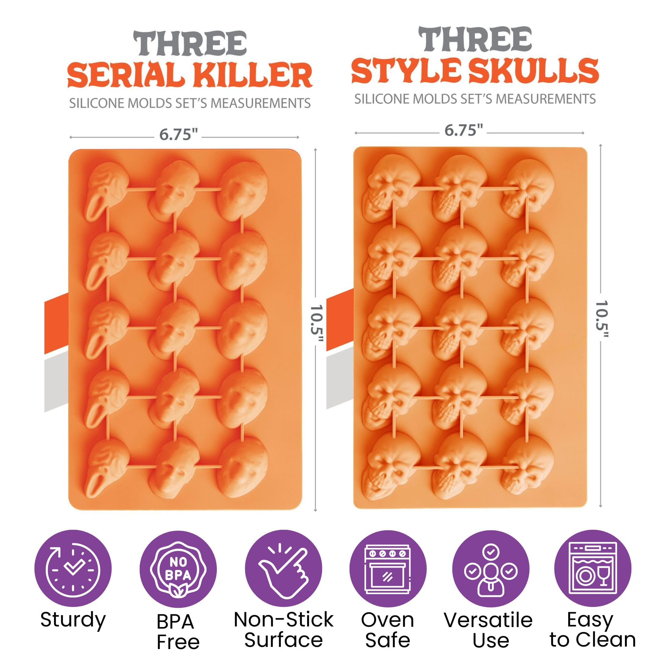 ShapedIceMolds Horror Movie Character Molds – Slasher Character Silicone Molds for Chocolate, Candy, Resin, Crafts – 3D Scary Film Icons for Party Treats & DIY Decor (Orange)