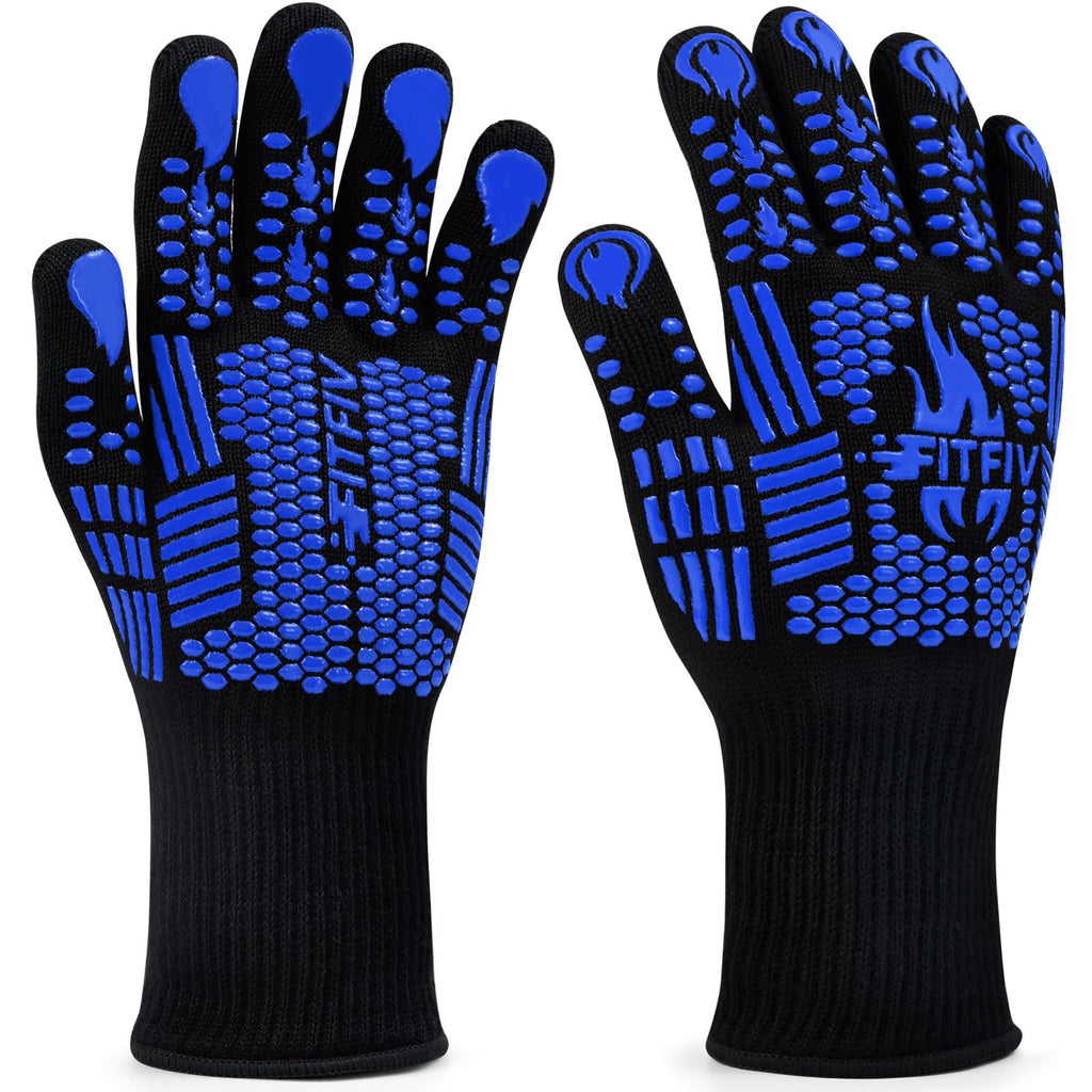 FITFIV BBQ Gloves, Oven Gloves, 1472°F Extreme Heat Resistant Barbecue Gloves, Silicone Non-Slip Oven Mitts, Kitchen for Cooking, Grilling, and Baking