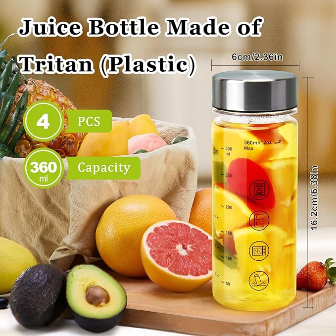 4 Pack Juice Bottles with Caps - Wide Mouth Resuable Clear Plastic Water Bottles for Juicing,Smoothie,Protein, Beverage,Storage Containers,BPA Free,Leakproof Stainless Steel Lid(12 Ounces)