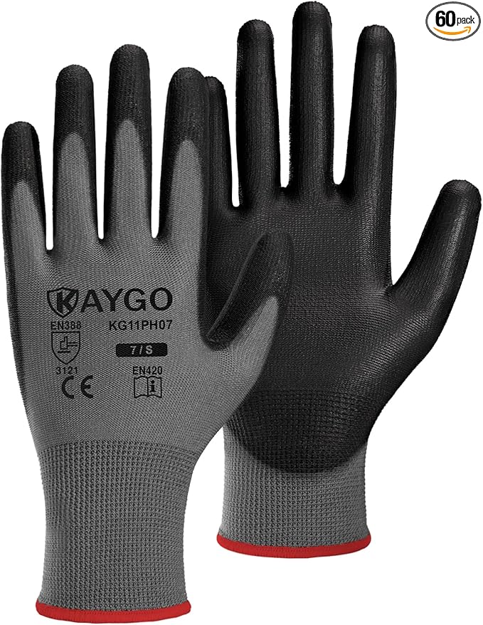 KAYGO Safety Work Gloves PU Coated, 60 Pairs, KG11PB, Seamless Knit Glove with Polyurethane Coated Smooth Grip on Palm & Fingers, for Men and Women (Small, Gray)