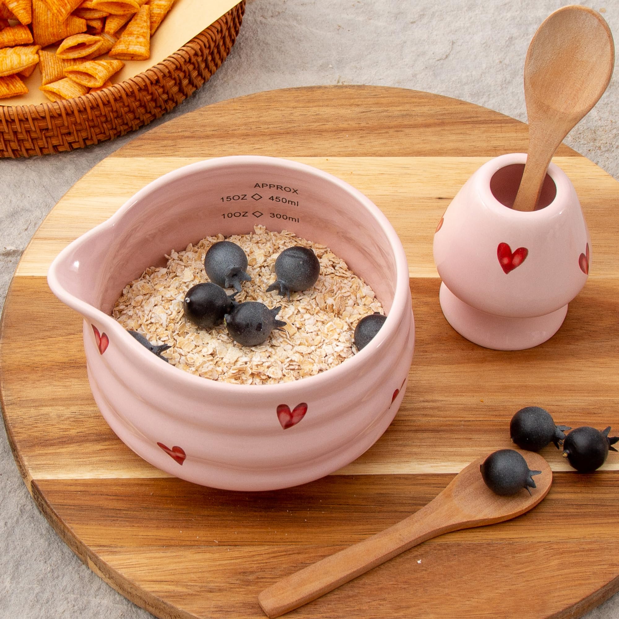 YumiPLUS 2pcs Matcha Bowl with Whisk Holder, Ceramic Pink Matcha Bowl with Spout, 16.5OZ Porcelain Bowl with Measurement Marks, Tea Mixing Bowl with Whisk Stand, Cute Valentine Gift (pink love)