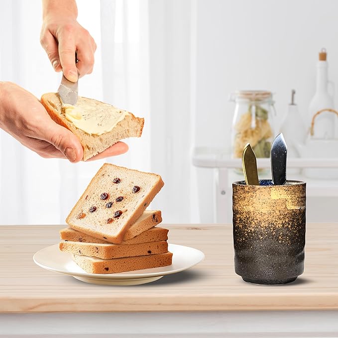 Ceramic Spoon Holder for Coffee Bar, Upright Tea Spoon Holder Cup, Coffee Stirrers Straws Stir Stick Holder, Grey Starry Sky