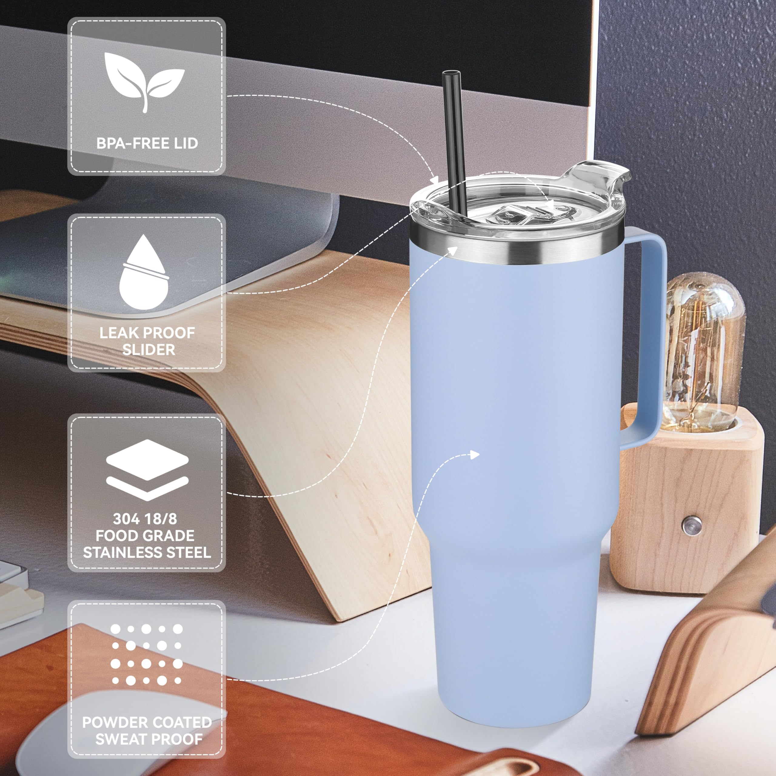 HASLE OUTFITTERS 40 oz Stainless Steel Tumbler with Handle, Vacuum Insulated Tumblers Bulk, Reusable Double Wall Travel Coffee Mug, Durable Powder Coated Water Bottle(Blue, 8)