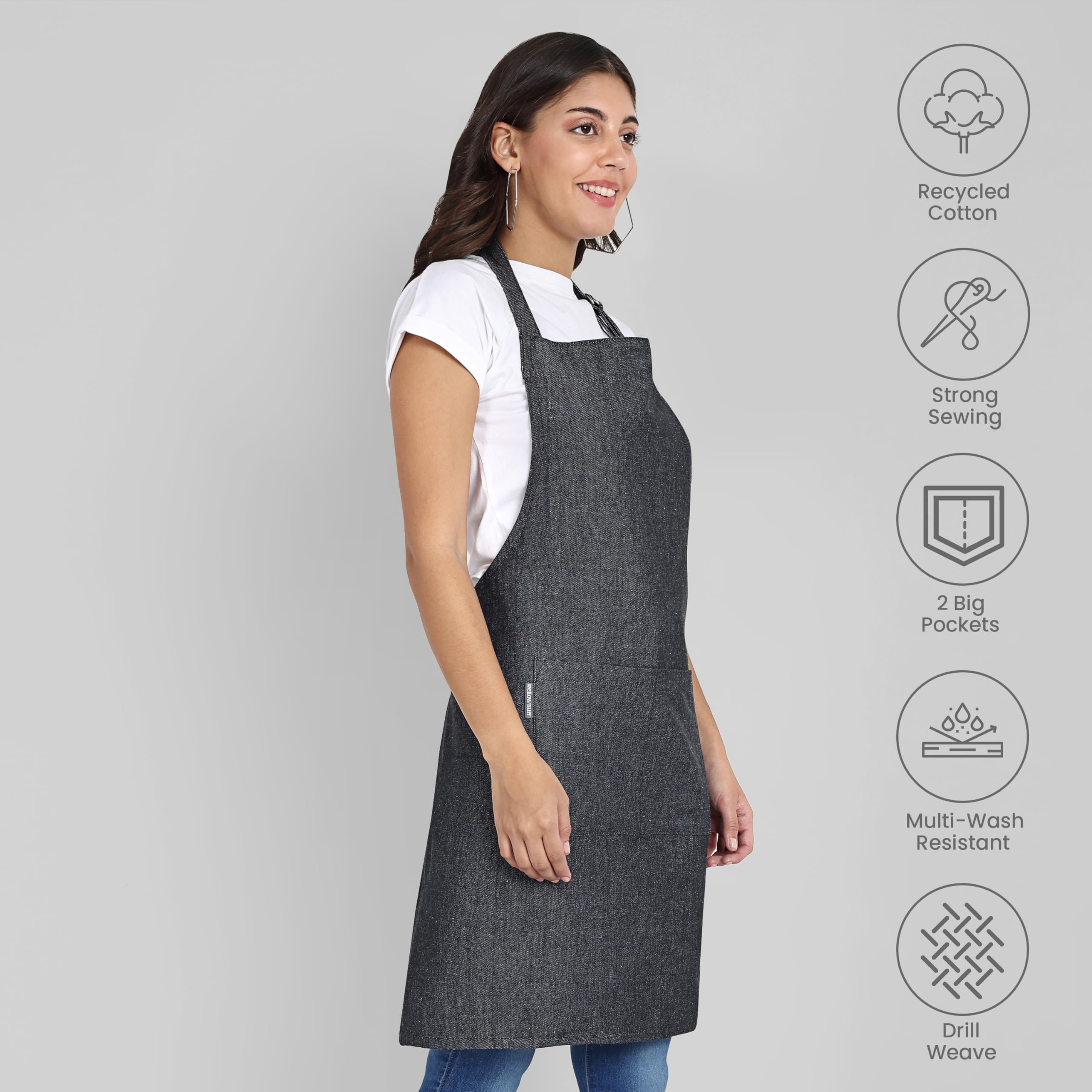 Mellow Buff Chef Aprons, Recycled Cotton Kitchen Apron with an Adjustable Neck with Long Ties, for cooking, baking (Charcoal 1 Pack)