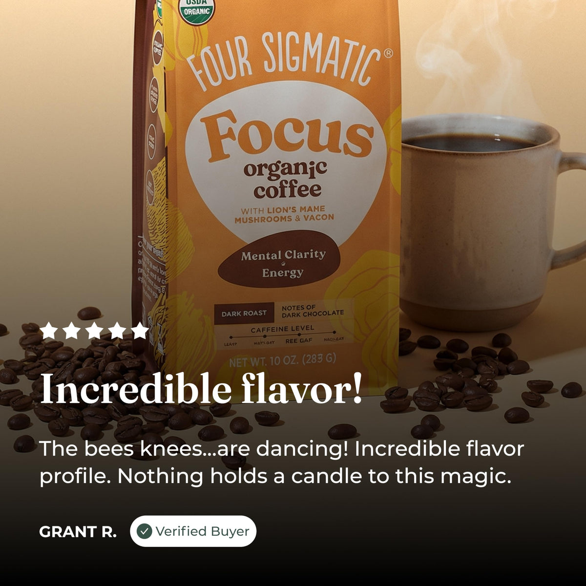Four Sigmatic Dark Roast Organic Whole Bean Coffee | Gourmet Nootropic Mushroom Coffee Beans with Lion's Mane & Chaga Mushrooms for Enhanced Brain Function and Immune Support | 12oz
