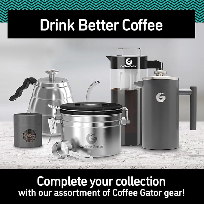 Coffee Gator French Press Coffee Maker 34oz, Double Insulated Stainless Steel Brewer plus Travel Jar Canister, Portable Hot Cold Brew for Coffee Bar Accessories Kitchen Camping, Silver