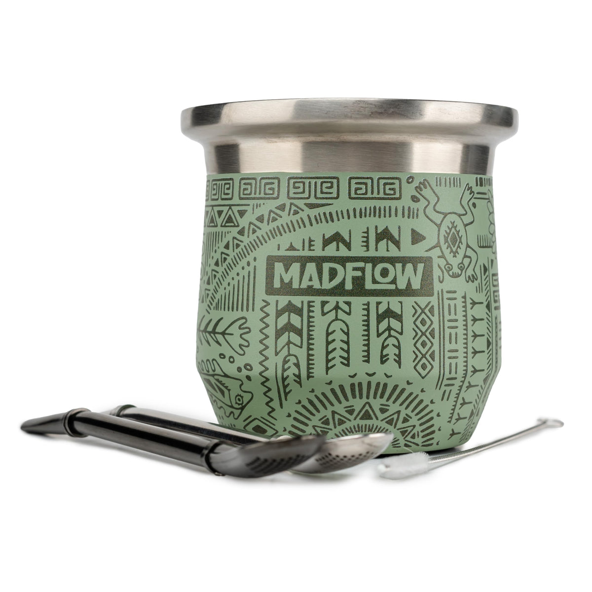 MADFLOW Yerba Mate Cup. Stainless Steel Mate Cup with 2 Bombillas. Double Wall Vacuum Insulated Yerba Mate Gourd. Unique Mate Cup And Bombilla Set
