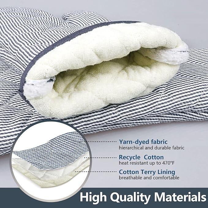 1 Pair Yarn Dyed Oven Mitts 100% Cotton Heat Resistant 470 Degree Gloves Men Women Cooking Baking Barbecue BBQ Microwave Crafting Machine Washable Pot Holders Mittens (Grey)