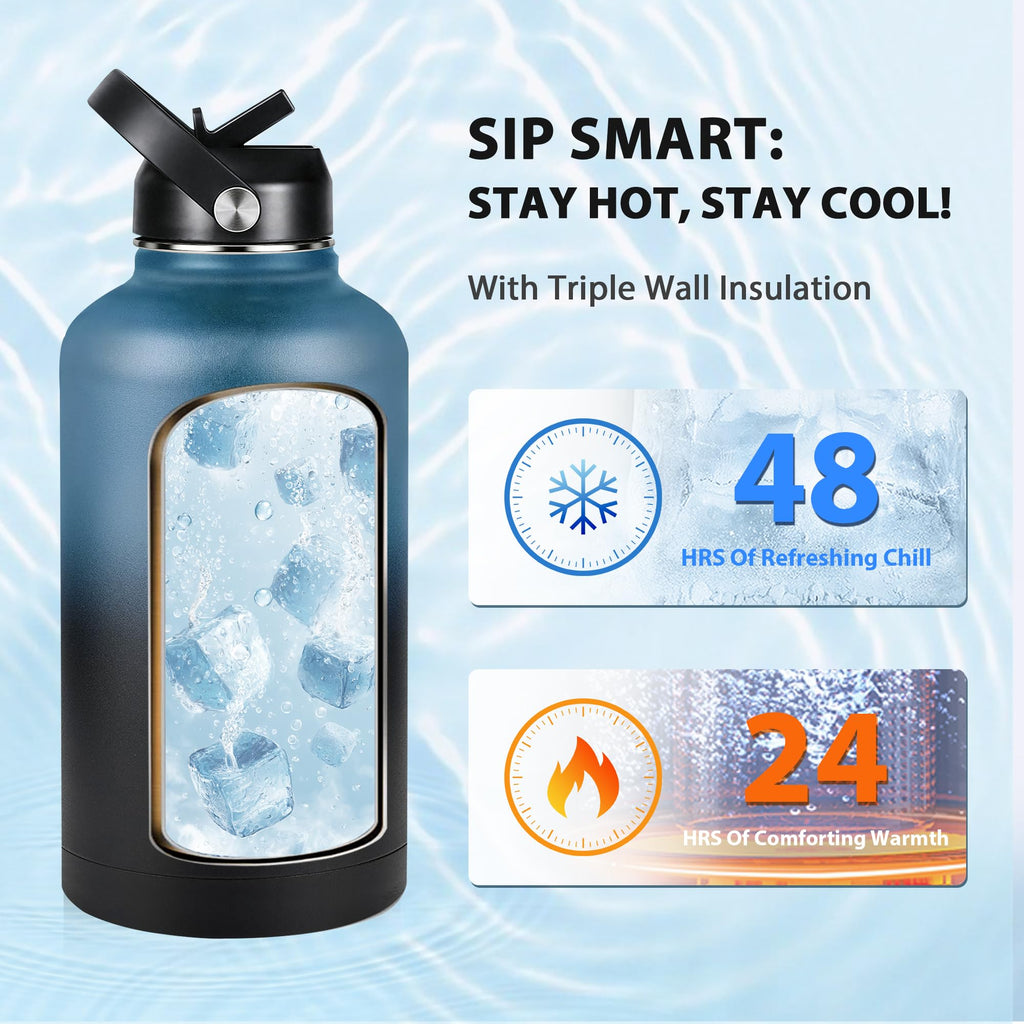 Insulated Water Bottle 64 oz, Triple Wall Vacuum Stainless Steel Water Bottles (Cold for 48 Hrs), Leak Proof & Non-BPA, Half Gallon Water Flask Jug Wide Mouth Straw Lid & Spout Lid