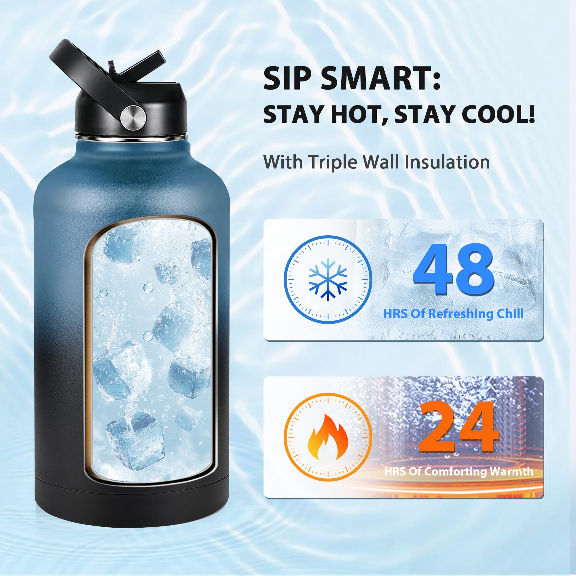 Insulated Water Bottle 64 oz, Triple Wall Vacuum Stainless Steel Water Bottles (Cold for 48 Hrs), Leak Proof & Non-BPA, Half Gallon Water Flask Jug Wide Mouth Straw Lid & Spout Lid