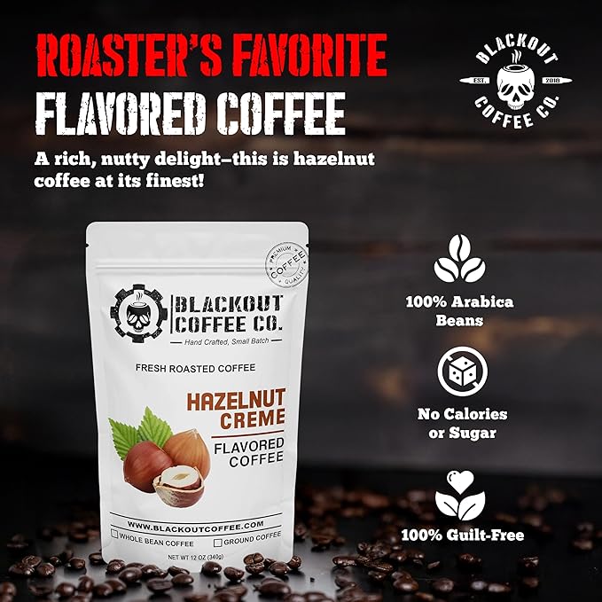 Blackout Coffee Hazelnut Creme Flavored - Freshly Roasted in the USA - 12 oz Ground Coffee Pouch